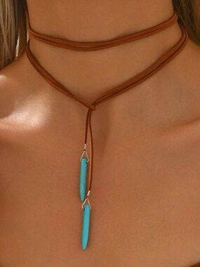Brown Suede Wrap Choker Necklace with Turquoise Pendants